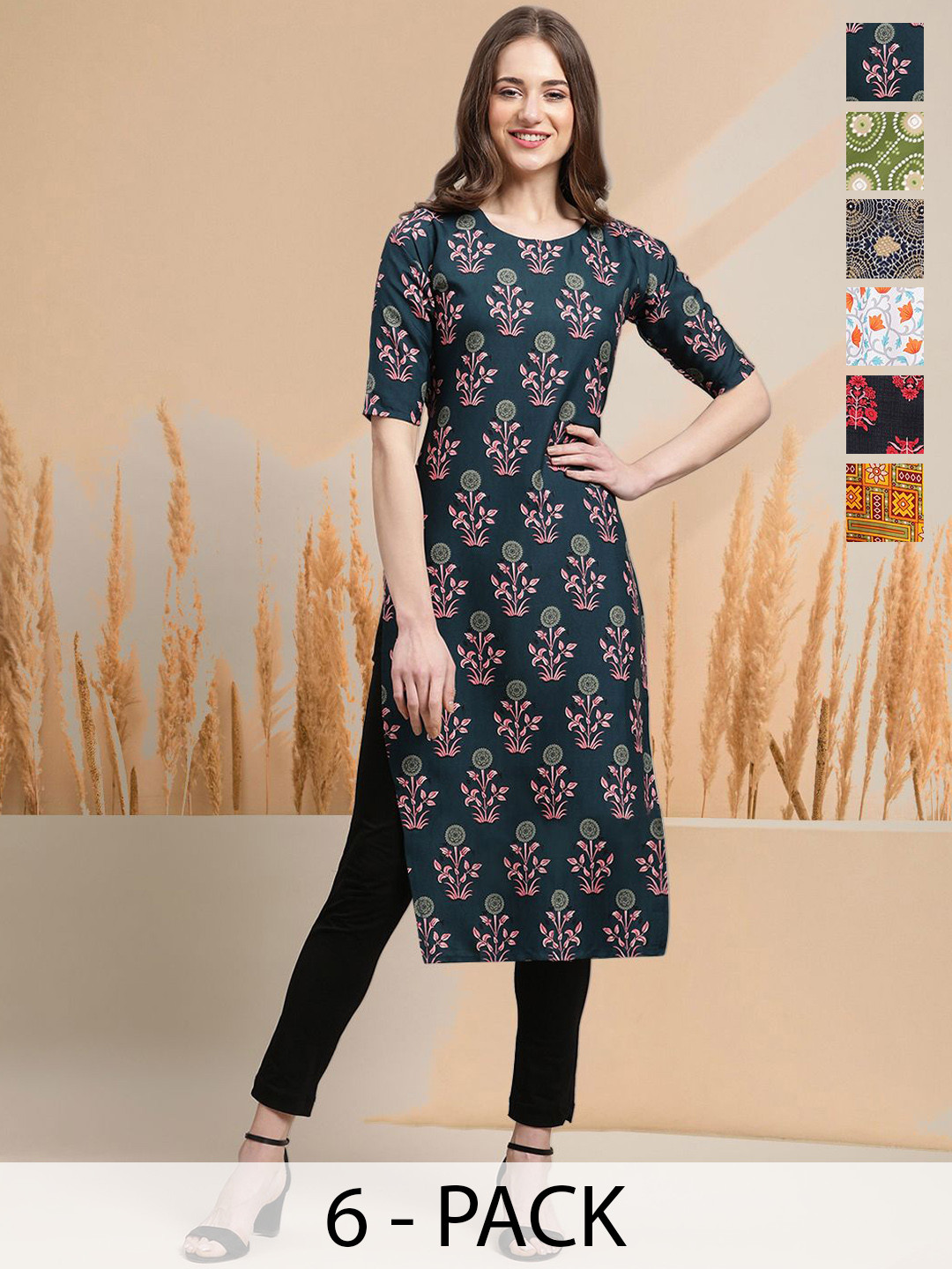 

7Threads Selection of 6 Floral Printed Round Neck Straight Kurtas, Blue