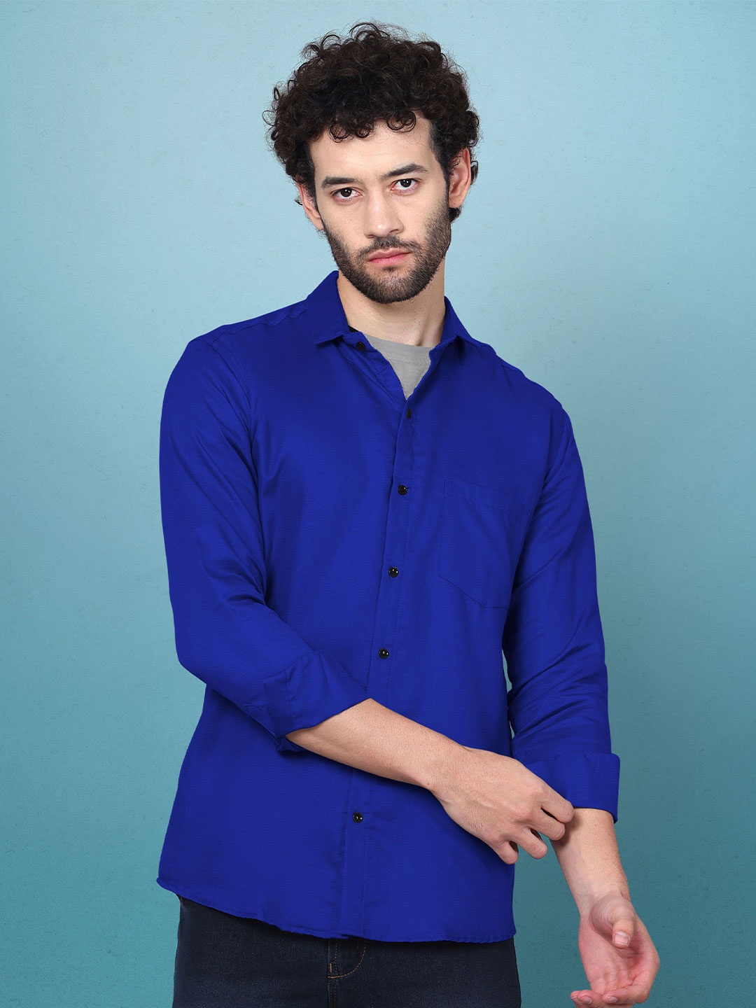 

WOXEN Men Original Fit Spread Collar Solid Cotton Casual Shirt, Blue