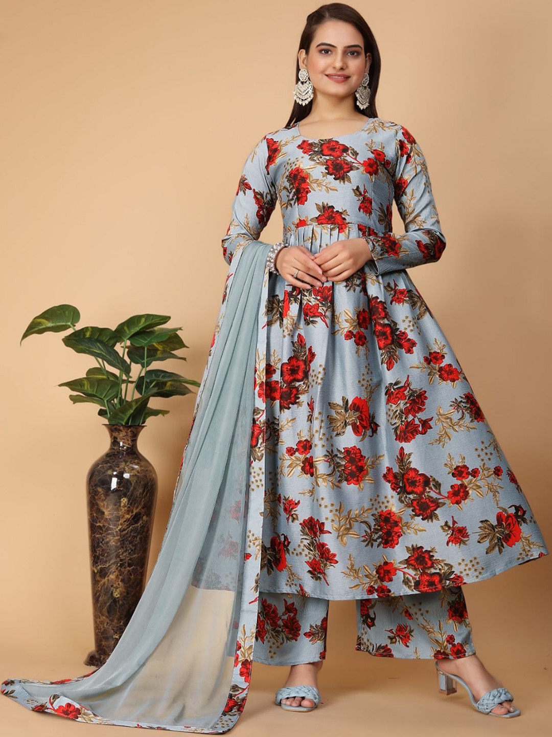 

KHODALCREATIN Floral Printed Anarkali Kurta with Palazzos And Dupatta, Grey