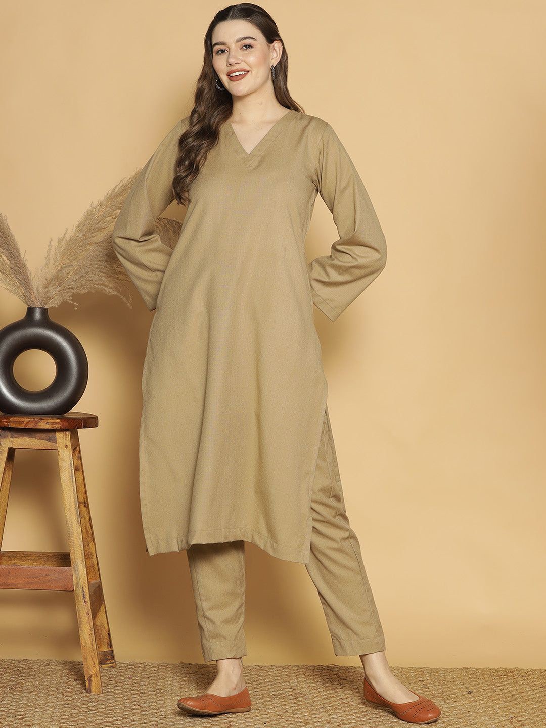

LetsDressUp V Neck A-Line Kurta, Beige