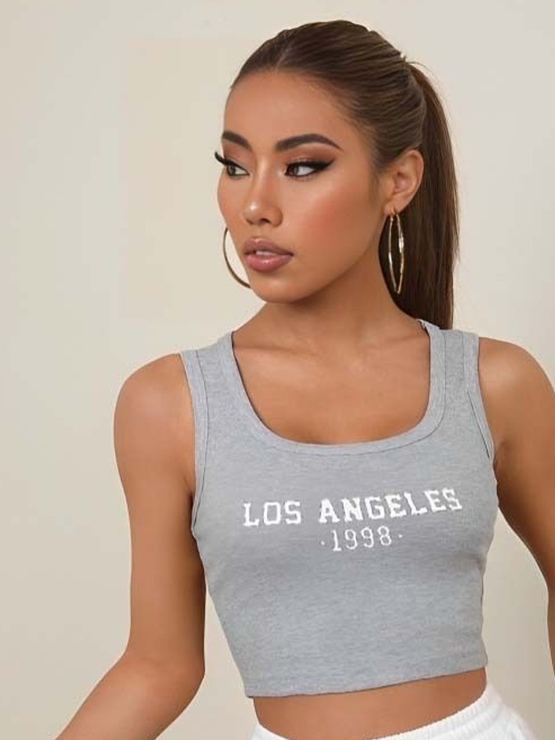 

sollobell Print Cotton Tank Crop Top, Grey