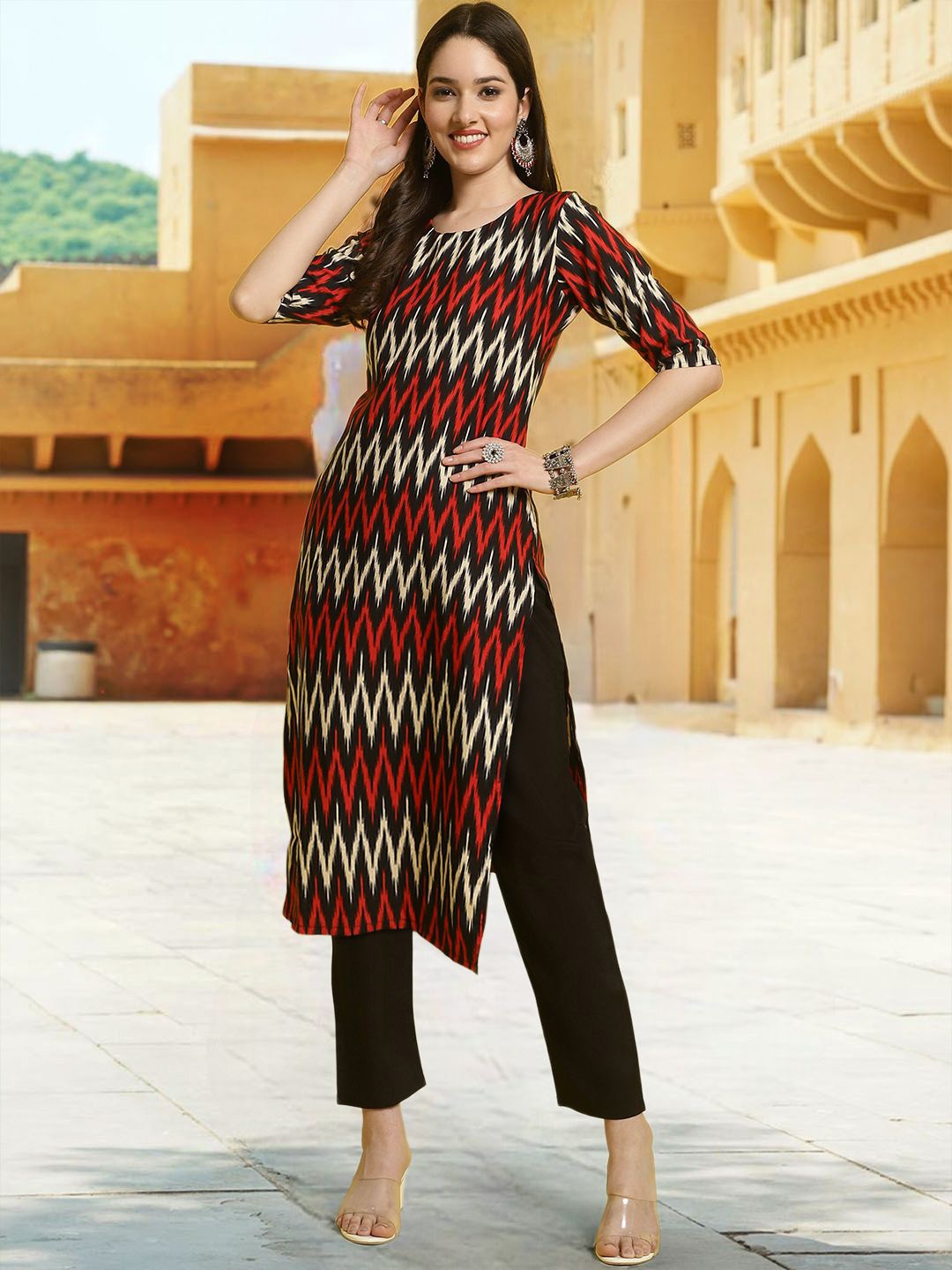 

7Threads Chevron Printed Round Neck Straight Kurta With Trousers, Black