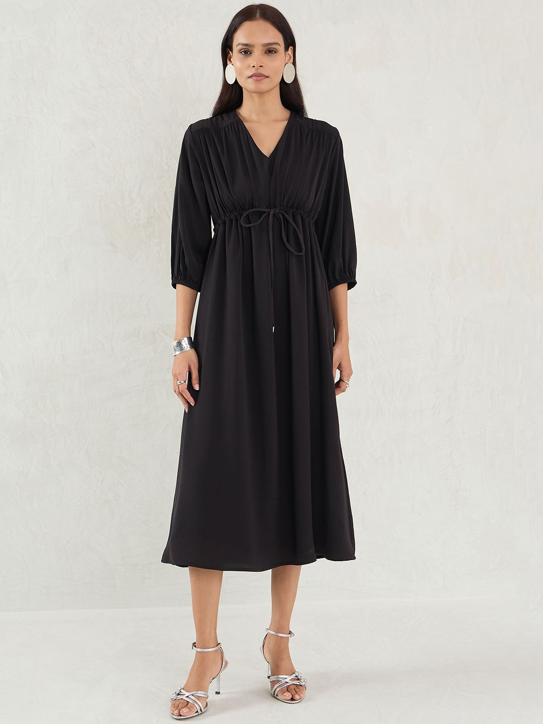 

FEMMELLA Women Satin A-Line Midi Dress, Black