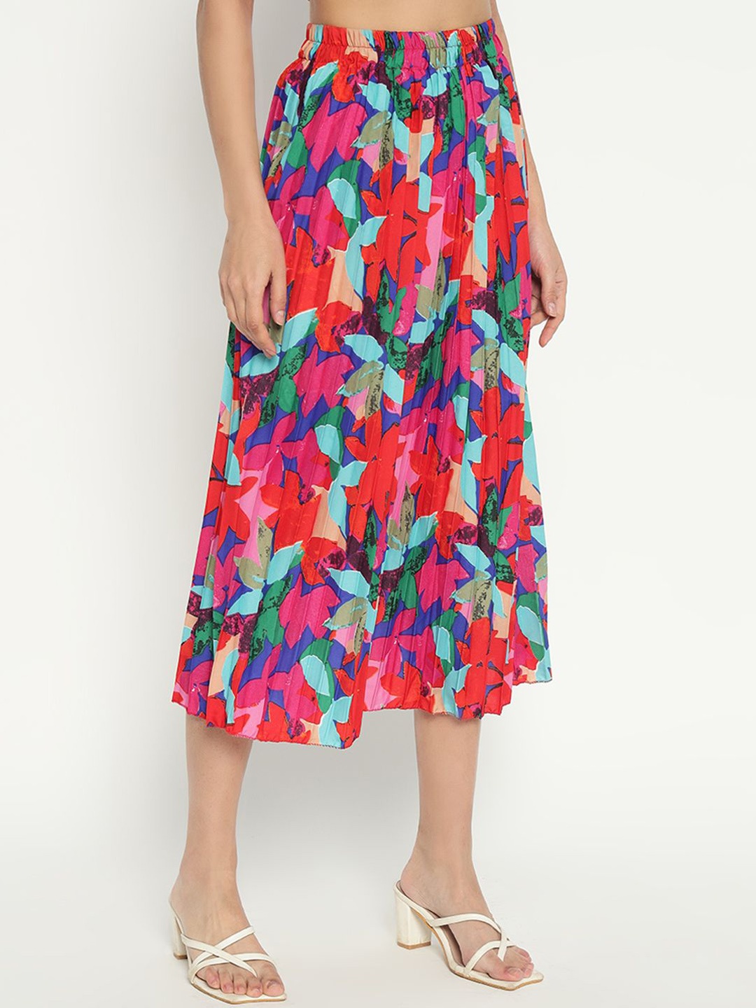 

Femvy Women Floral Printed Pleated Flared Midi Skirt, Pink