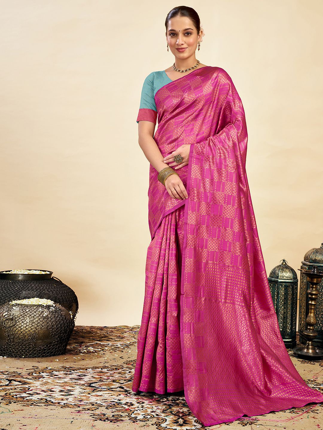 

KALINI Ethnic Motifs Zari Banarasi Saree, Pink