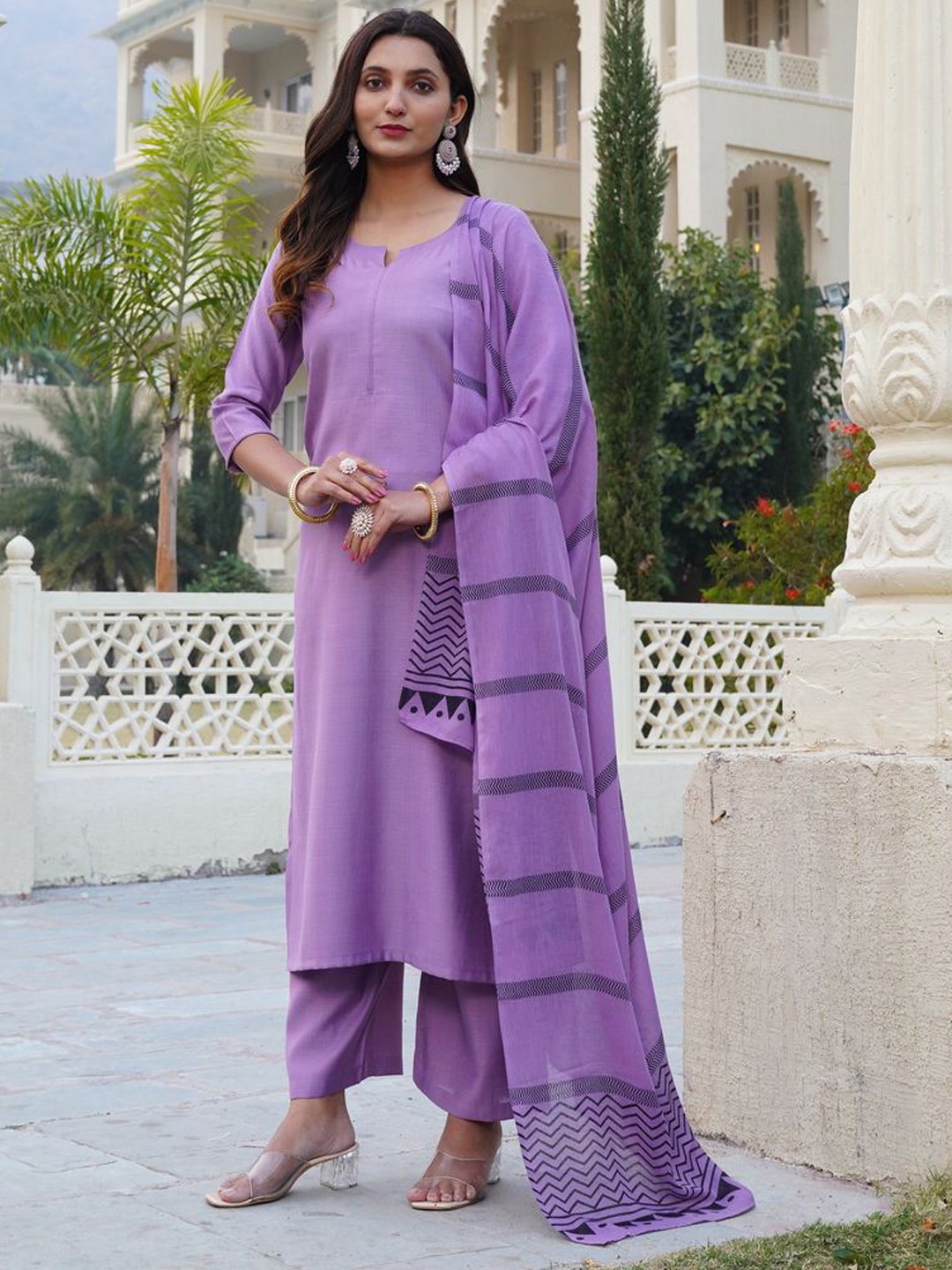 

KALINI Notch Neck Straight Kurta With Palazzos And Dupatta, Purple
