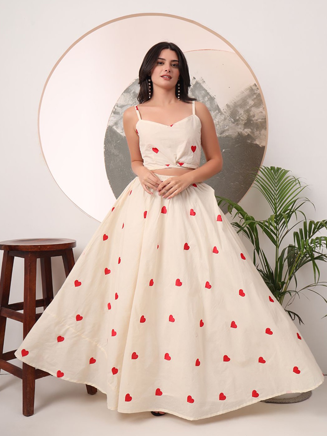 

PRENEA Embroidered Thread Work Cotton Ready to Wear Lehenga & Blouse With Dupatta, Cream