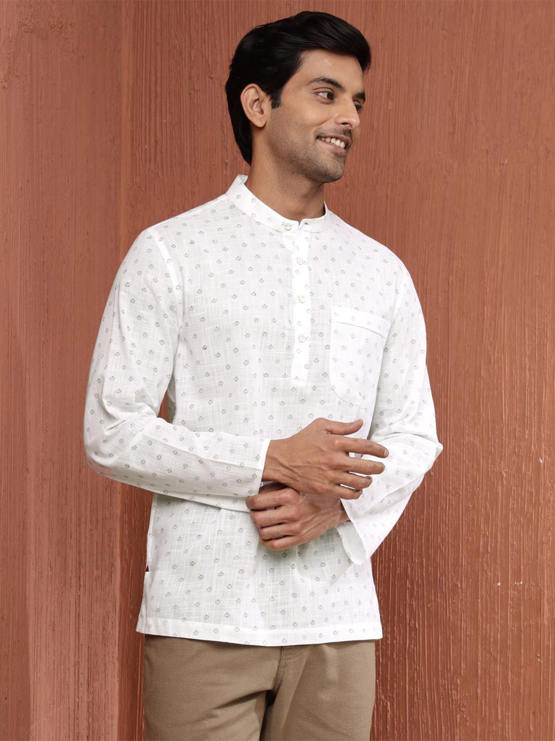 

Fabindia Men Relaxed Fit Band Collar Floral Printed Cotton Casual Shirt, White