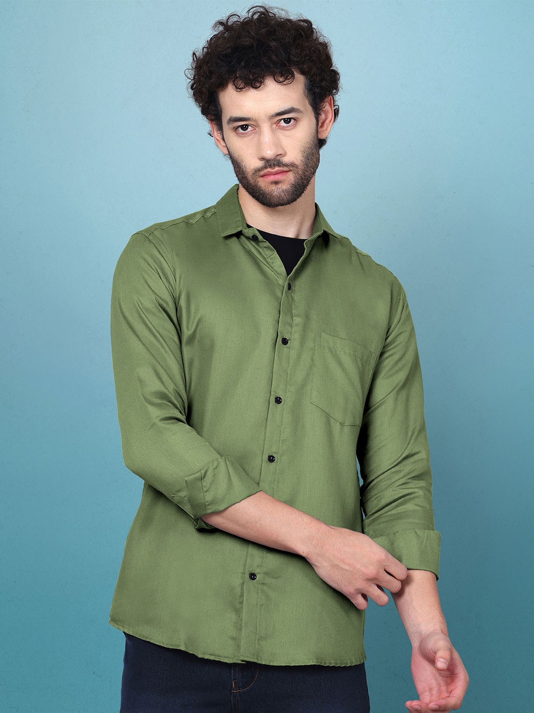 

WOXEN Men Original Fit Spread Collar Solid Cotton Casual Shirt, Green