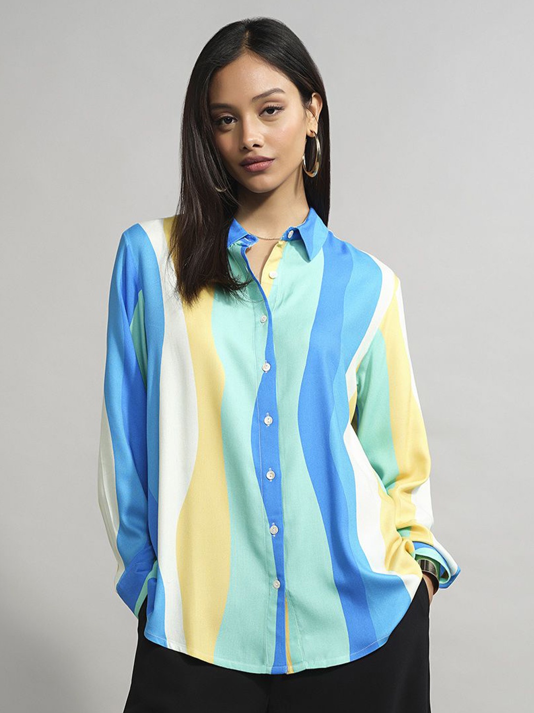 

AND Women Striped Puff Sleeve Shirt Style Top, Blue