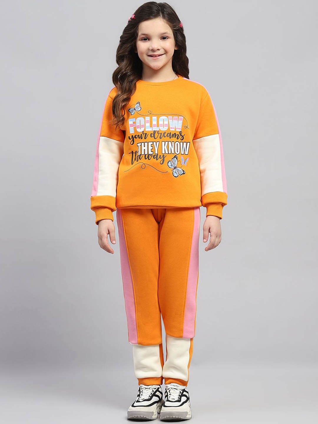 

Monte Carlo Girls Printed Round Neck Full Sleeve Tracksuit, Orange