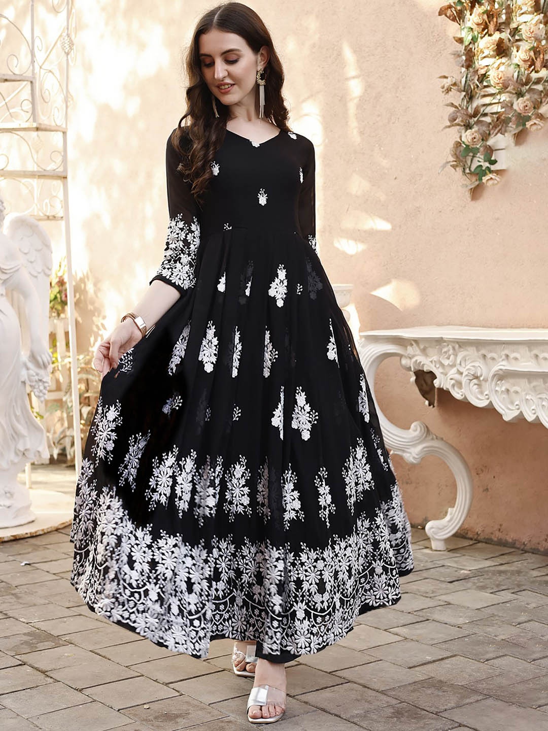 

Kedar Fab Ethnic Motifs Embroidered V-Neck Georgette Anarkali Kurta With Dupatta, Black