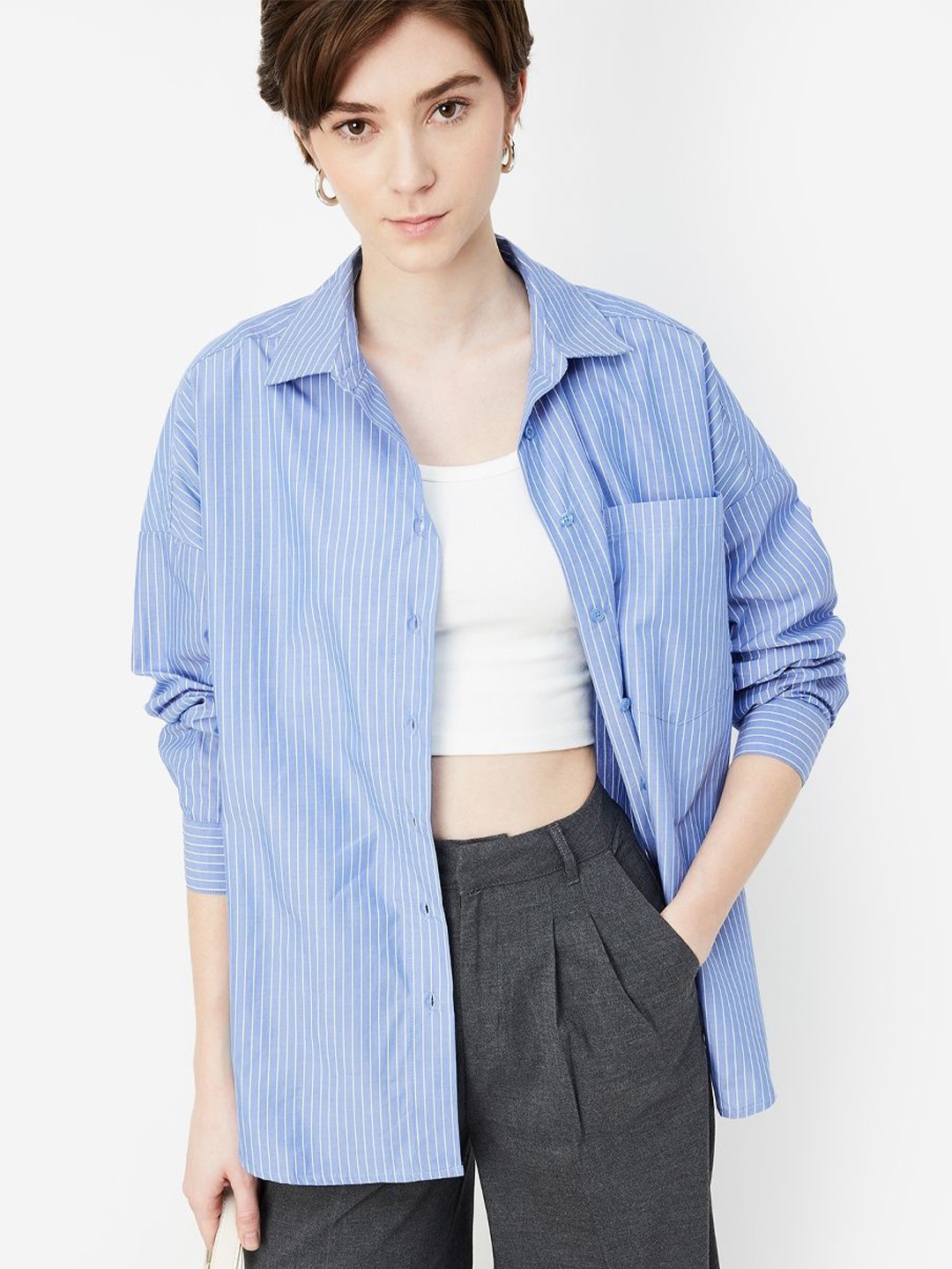 

max Women Spread Collar Vertical Striped Cotton Casual Shirt, Blue