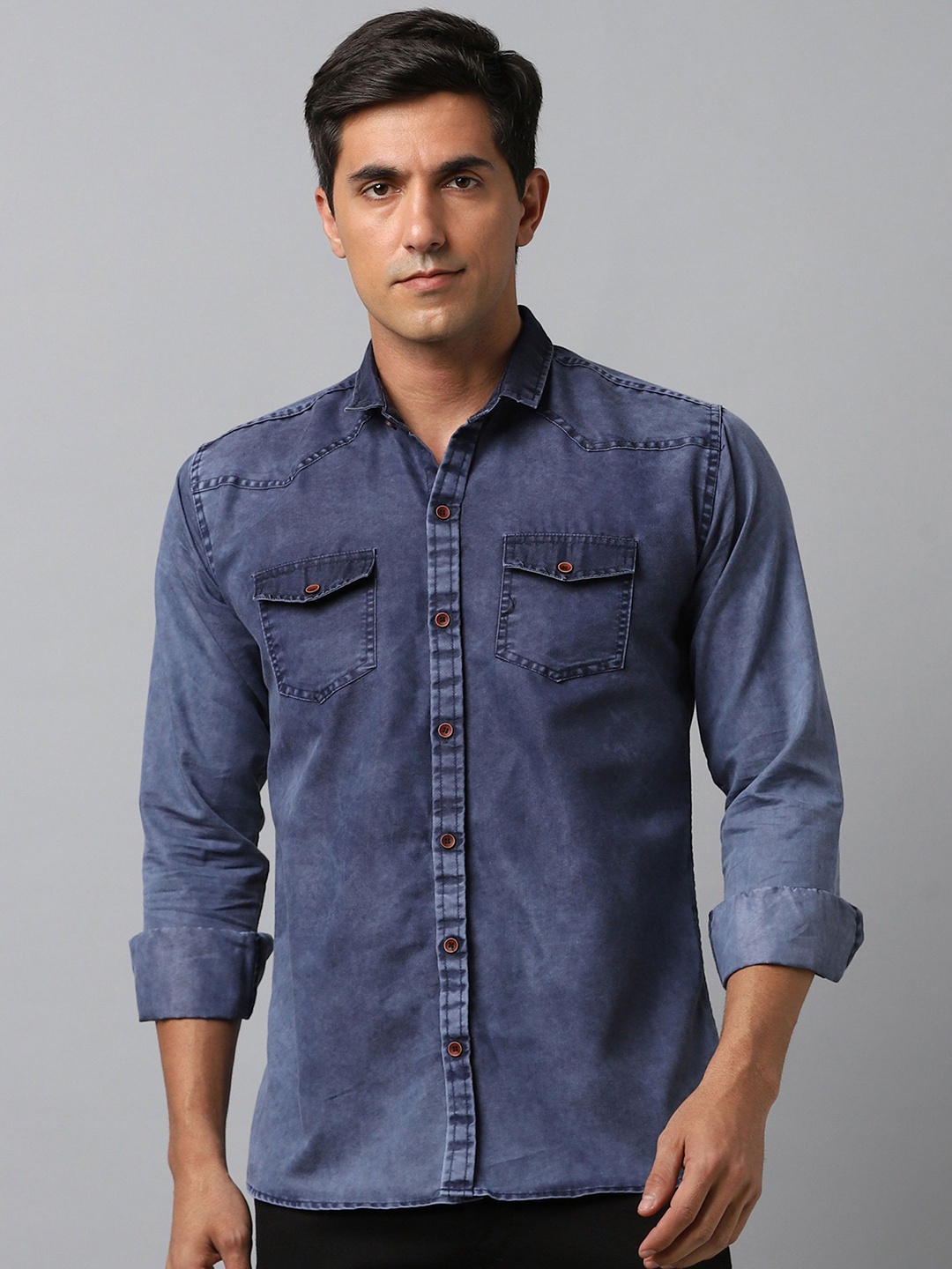 

WOXEN Men Original Fit Spread Collar Solid Cotton Casual Shirt, Blue