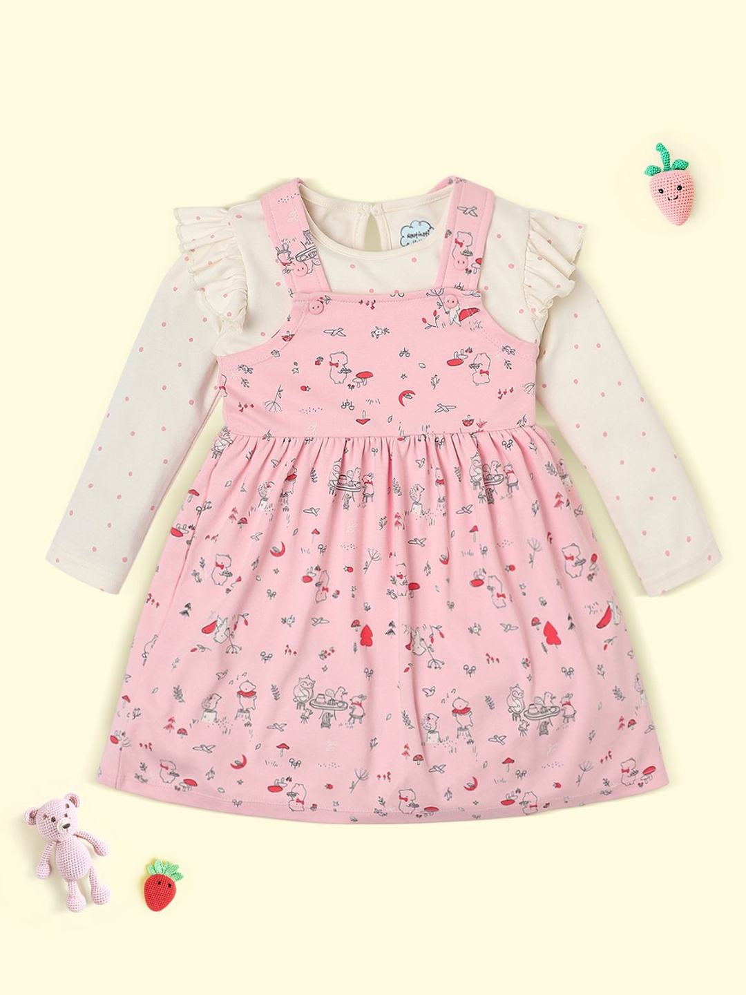 

Nauti Nati Infants Girls Printed Soft Cotton Dungaree Dress With T-Shirt, Pink