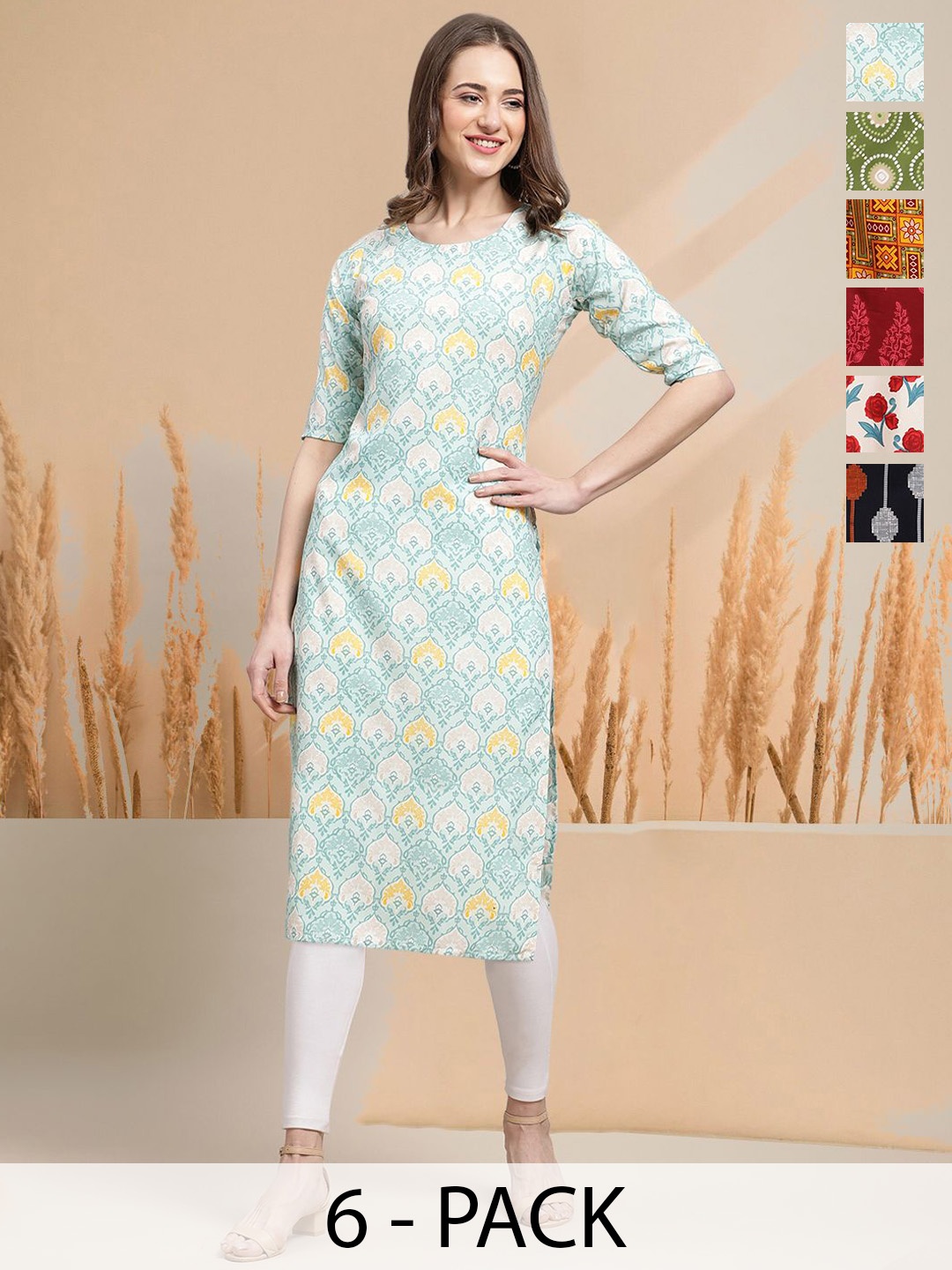

7Threads Selection Of 6 Ethnic Motifs Printed Round Neck Straight Kurtas, White