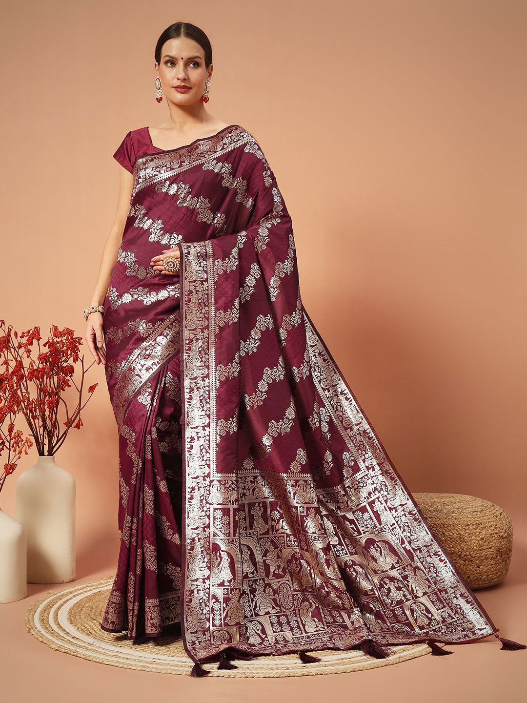 

SWAMI STUDIO Woven Design Zari Pure Silk Banarasi Saree, Maroon