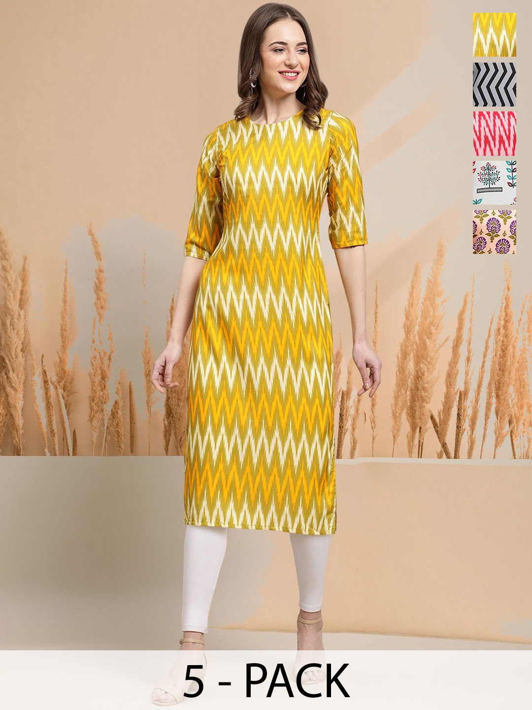 

7Threads Selection Of 5 Geometric Printed Round Neck Straight Kurtas, Yellow