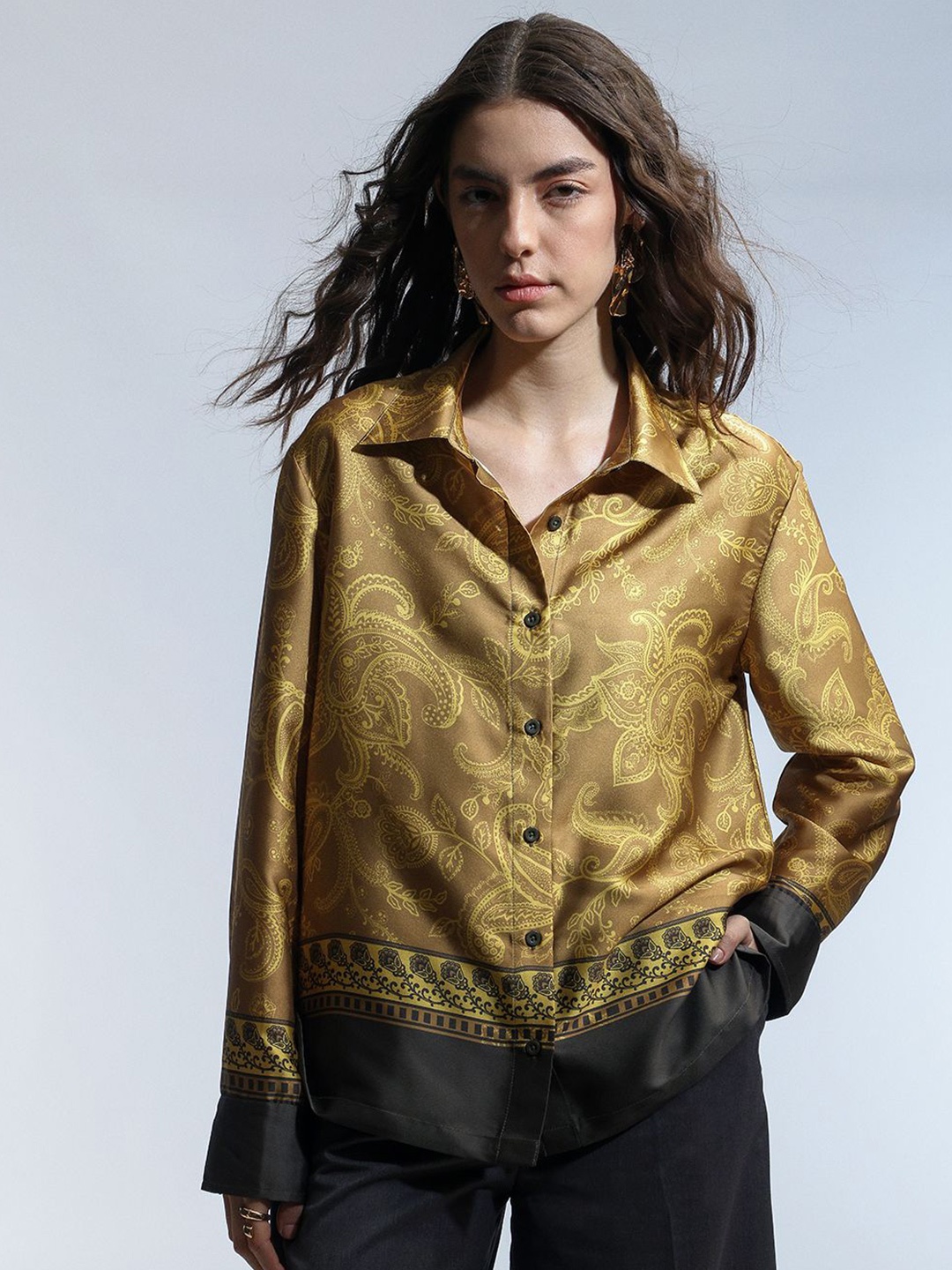 

H&M Relaxed Fit Full Sleeve Printed Shirt, Mustard