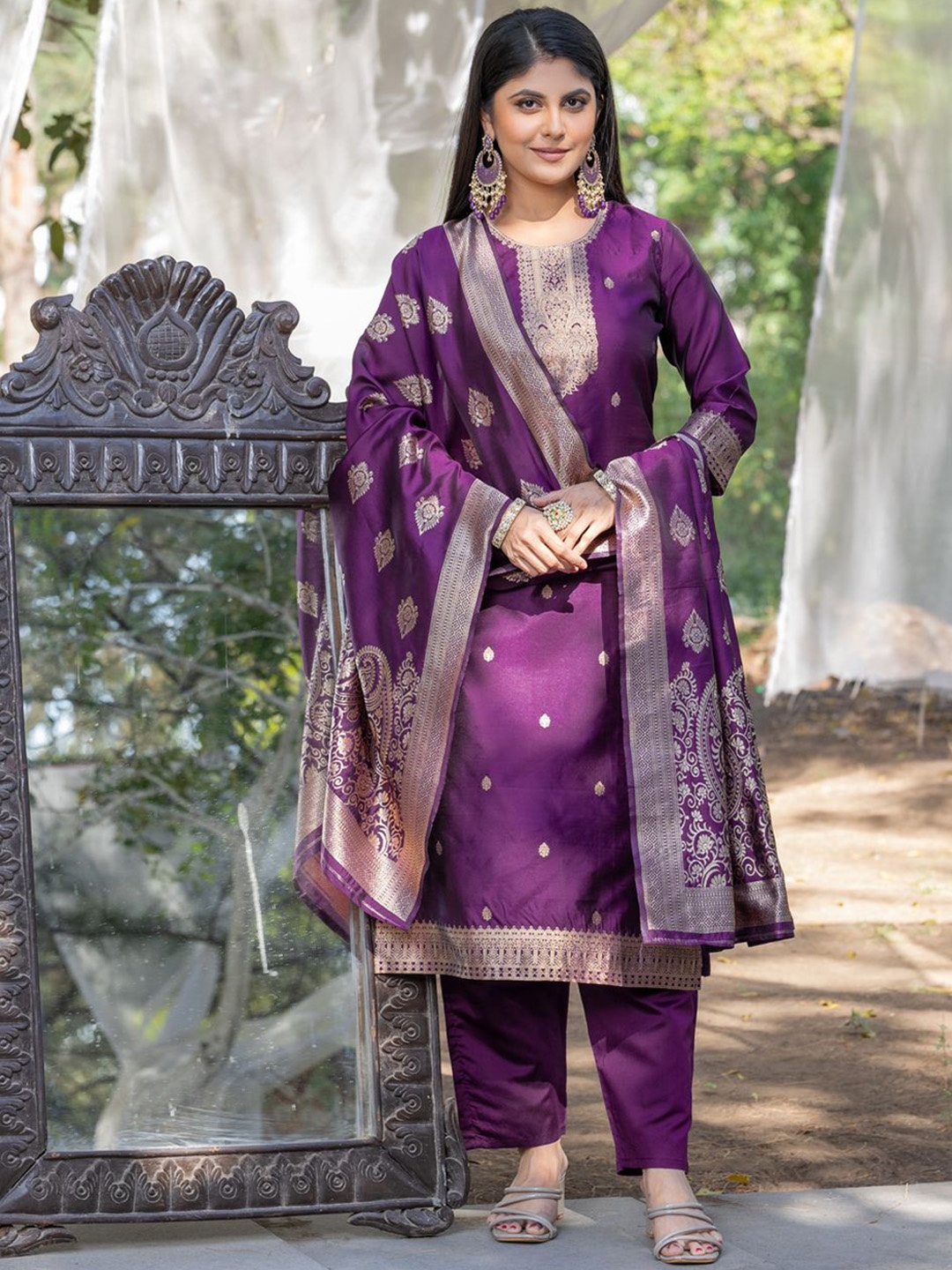 

zinzraa Ethnic Motifs Printed Silk Blend Straight Kurta With Trousers And Dupatta, Purple