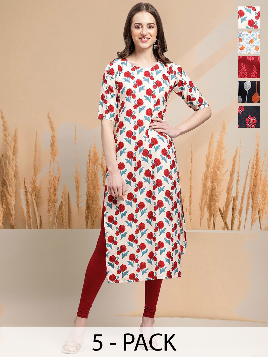 

7Threads Selection of 5 Floral Printed Round Neck Straight Kurtas, White