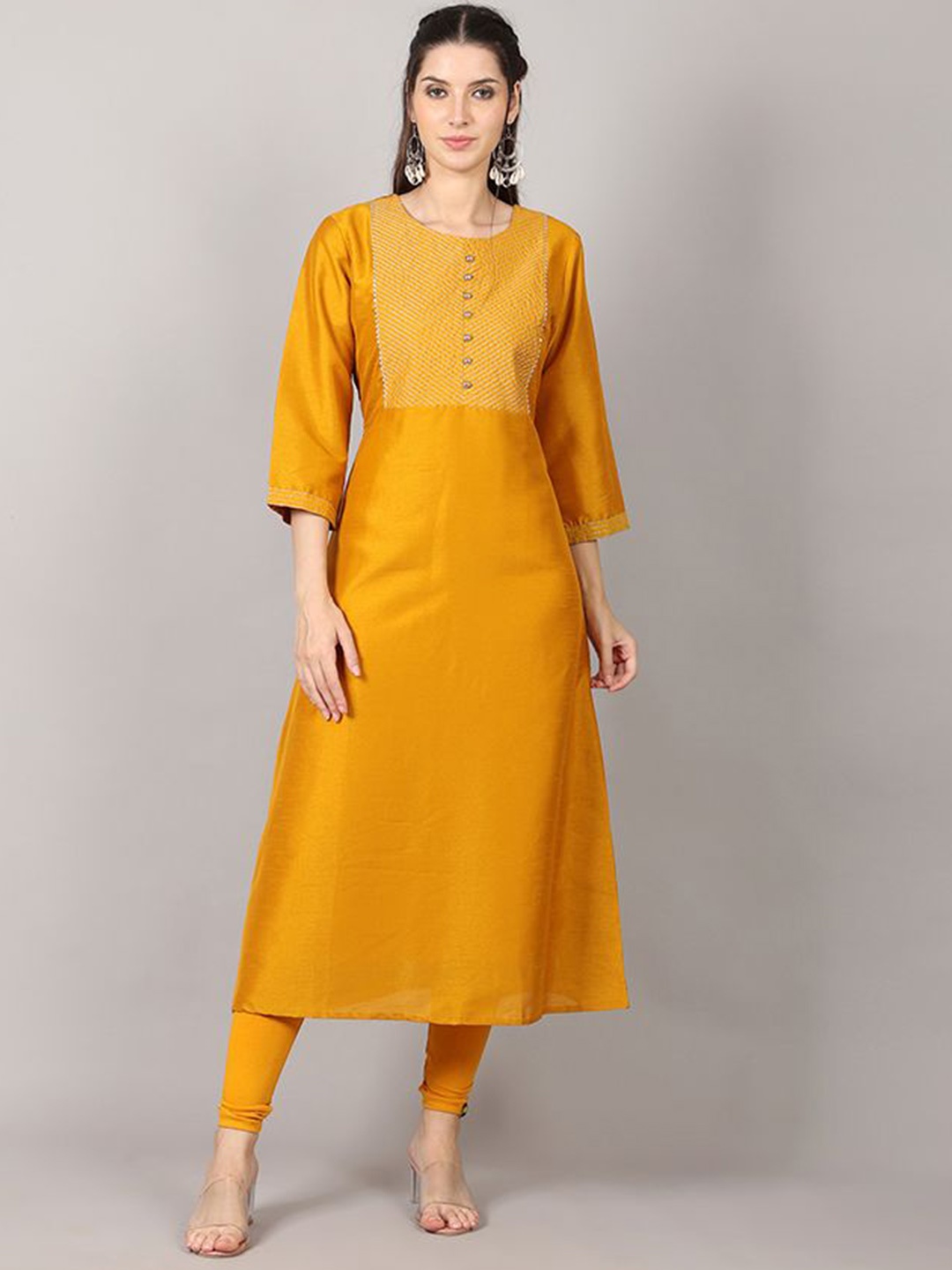 

Krimmple Women Embroidered A-Line Kurta, Mustard