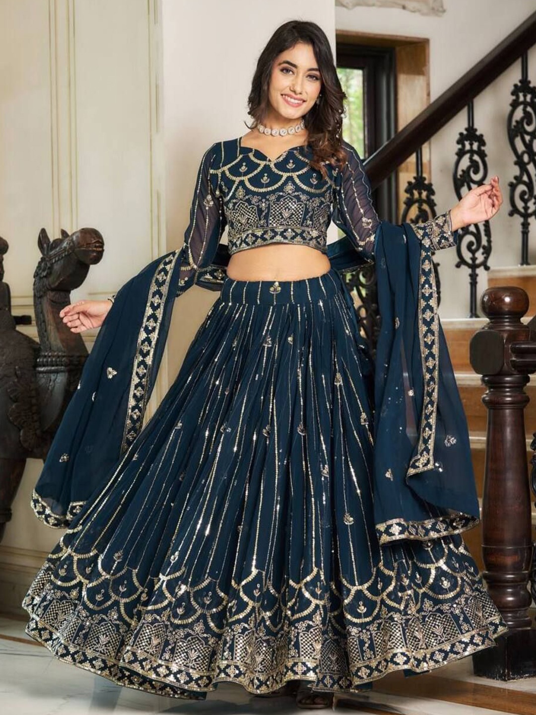 

KALINI Embroidered Sequinned Ready to Wear Lehenga & Blouse With Dupatta, Turquoise blue