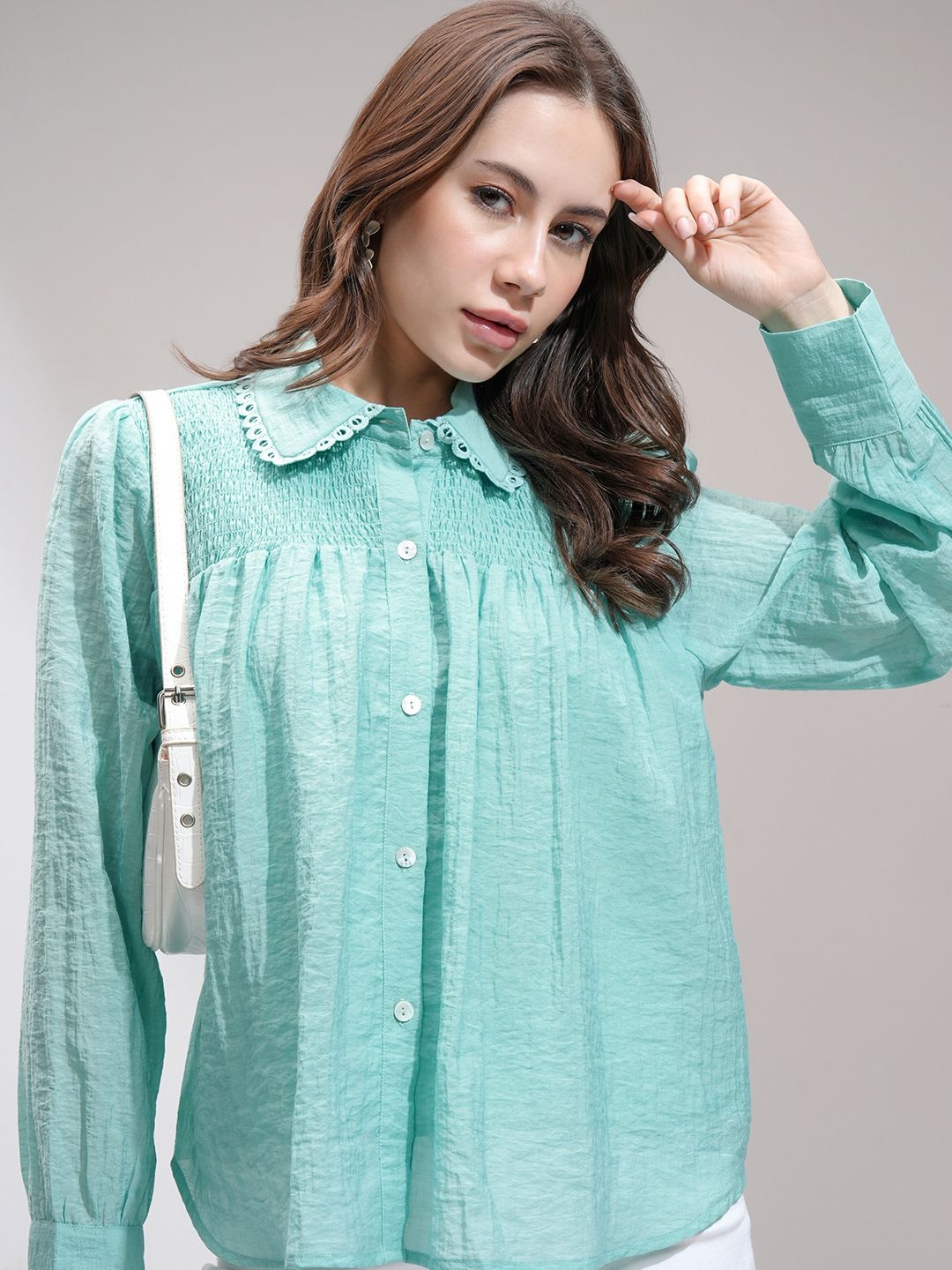 

CHIC BY TOKYO TALKIES Women Smocking Shirt Style Top, Teal