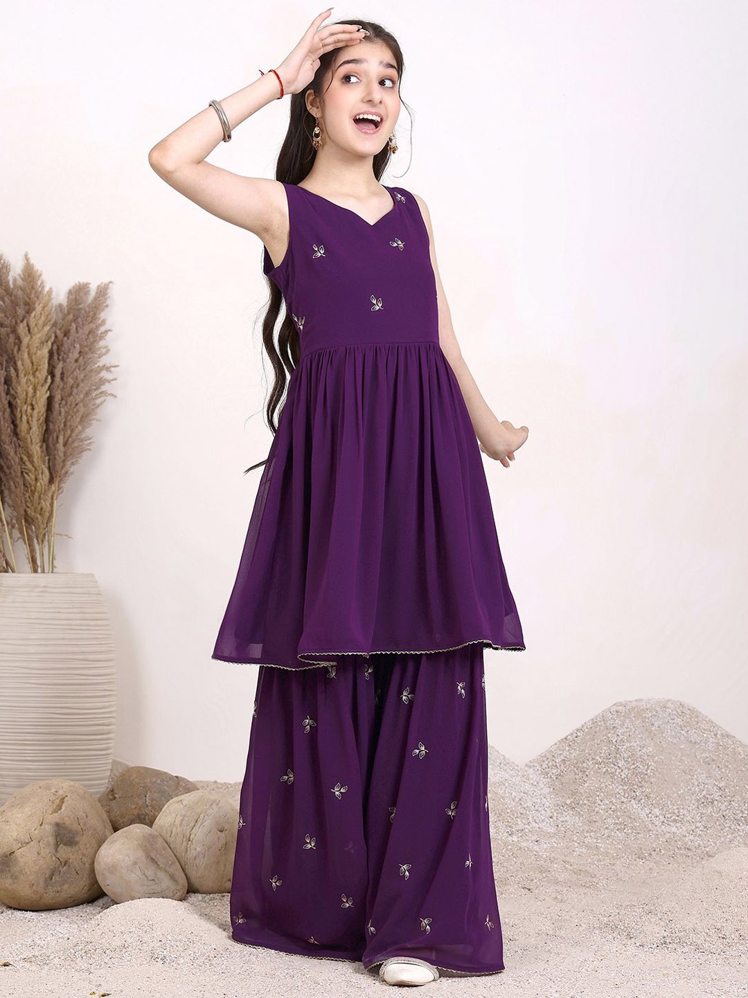 

Inddus Girls Embroidered Yoke Design Pleated Georgette A-Line Kurti With Sharara, Purple