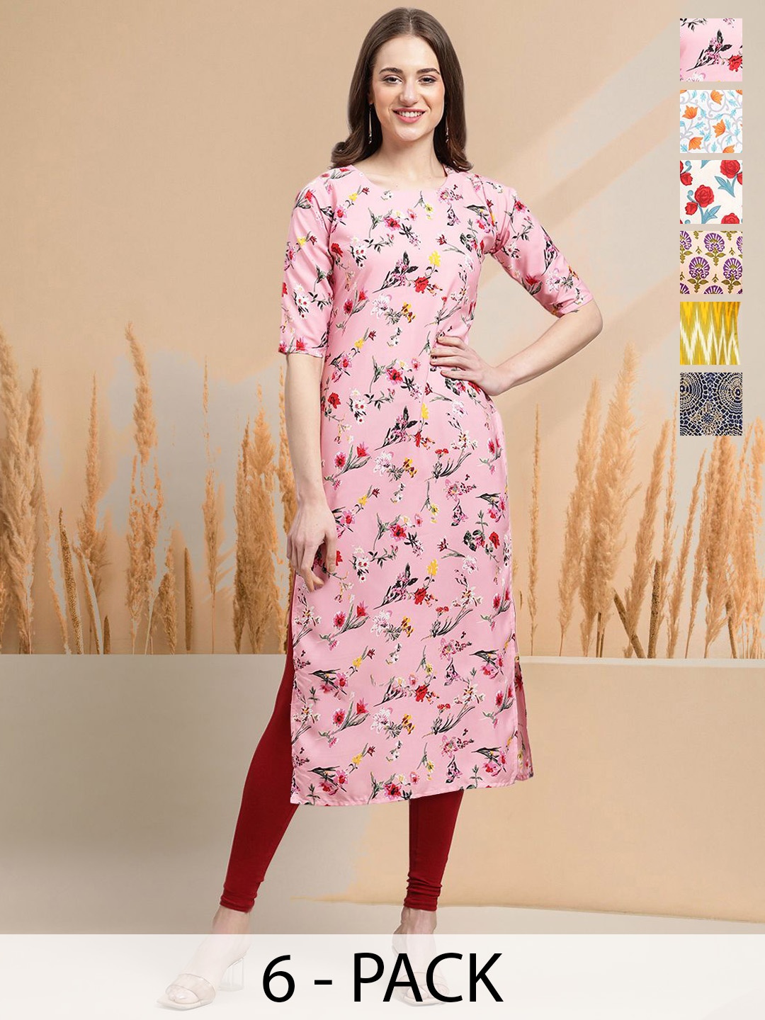 

7Threads Selection of 6 Floral Printed Round Neck Straight Kurtas, Pink