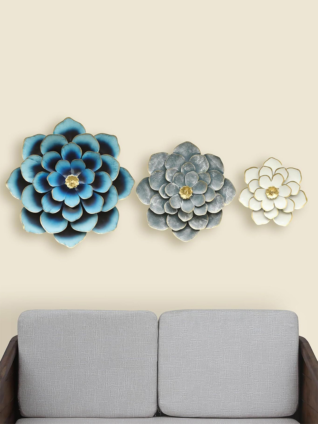 

vedas Mystic Indiana Blue & Grey 3 Pieces Textured Metal Veda Floral Wall Decors