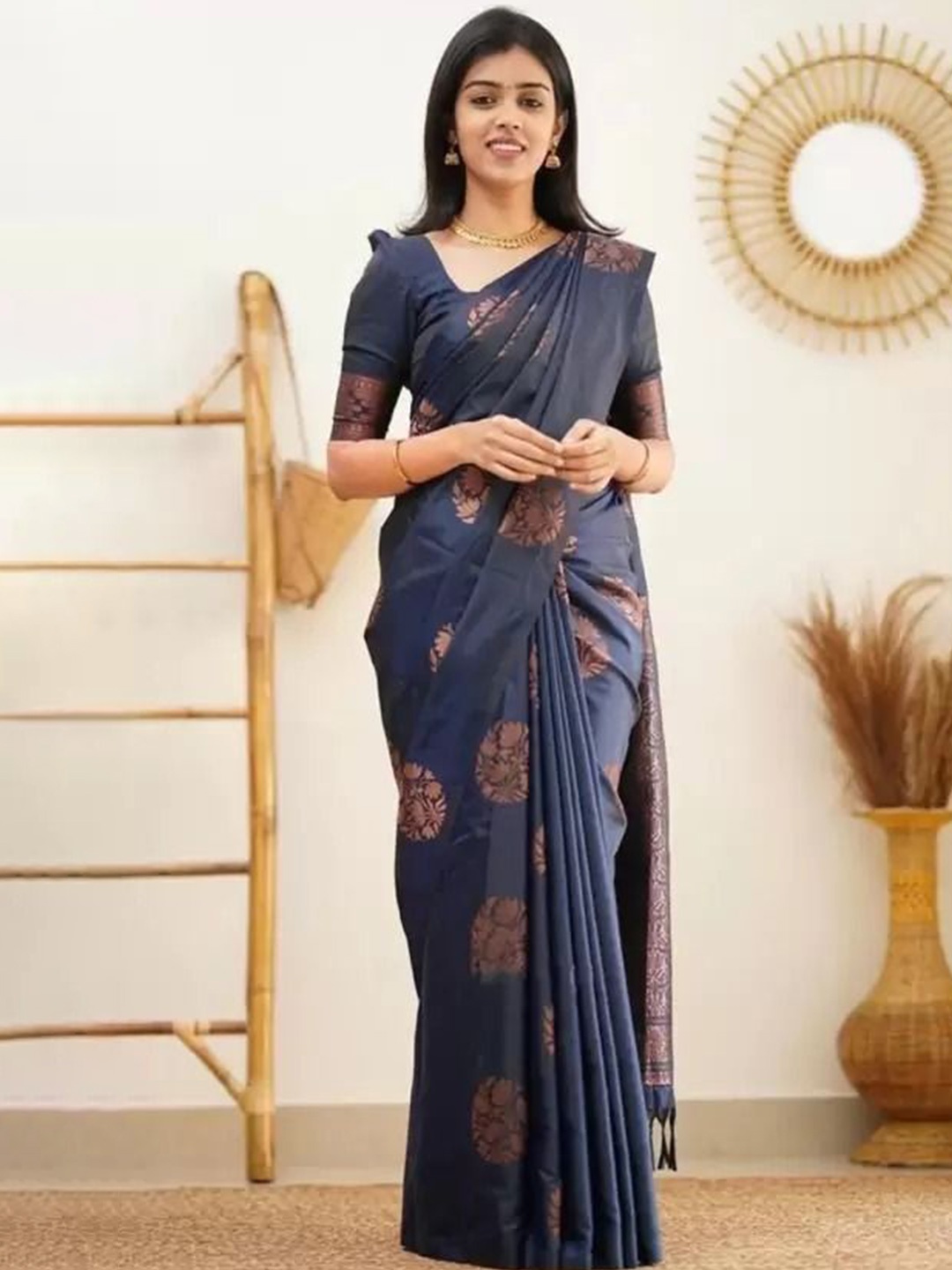 

Florence Woven Design Zari Pure Silk Kanjeevaram Saree, Navy blue