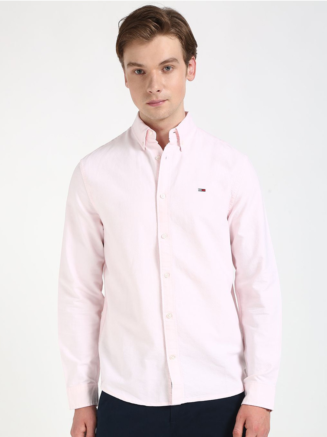 

Tommy Hilfiger Men Button-Down Collar Solid Cotton Casual Shirt, Pink