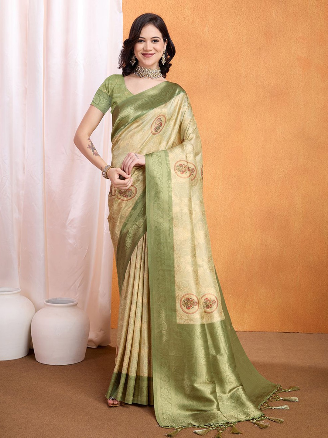 

Mitera Woven Design Zari Banarasi Saree, Green
