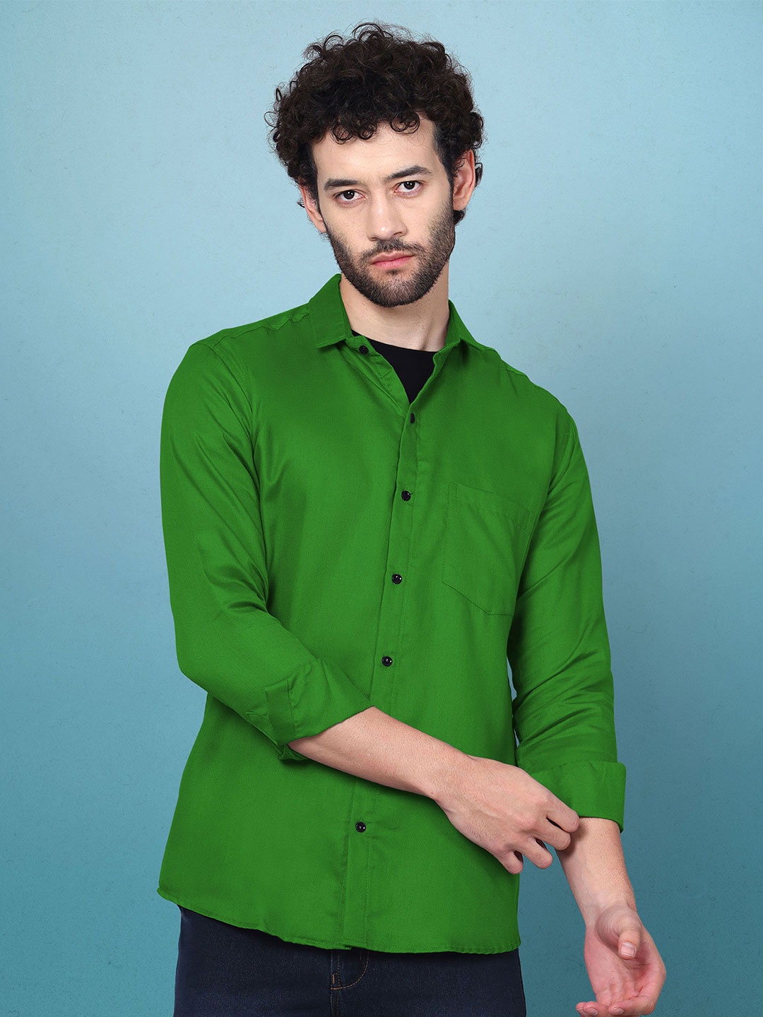 

WOXEN Men Original Fit Spread Collar Solid Cotton Casual Shirt, Green
