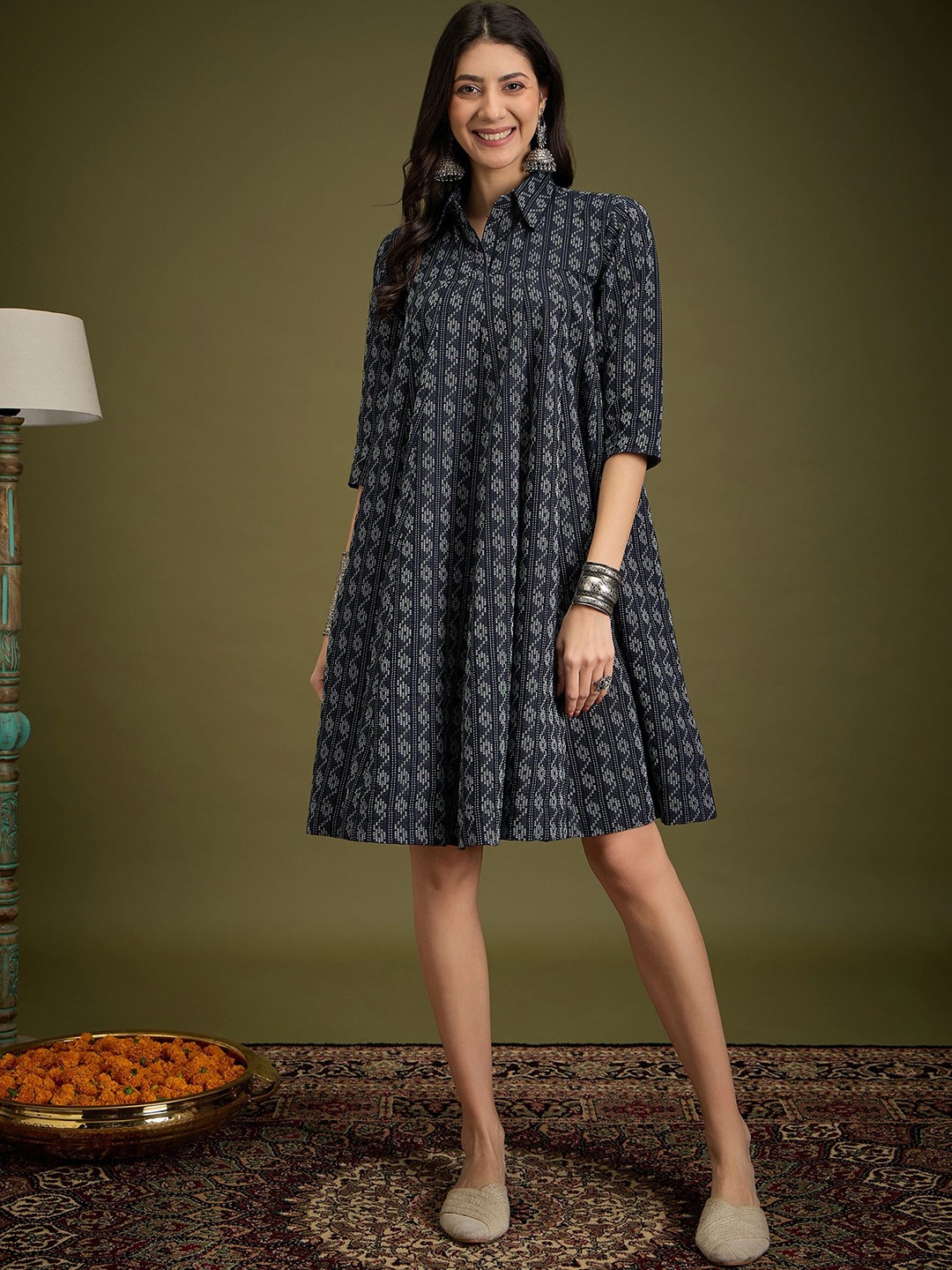 

InWeave Women Printed Shirt Collar Cotton Fit & Flare Dress, Black