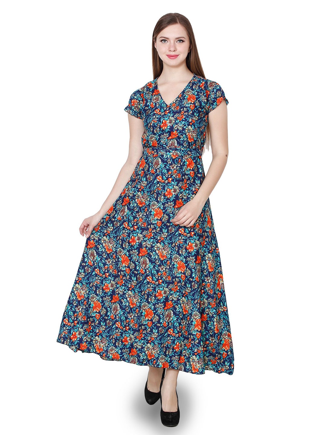 

My Swag Women Floral Printed Cotton Maxi Dress, Blue