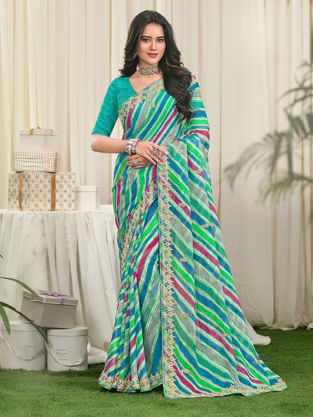 

Laxmipati Embroidered Striped Saree, Green