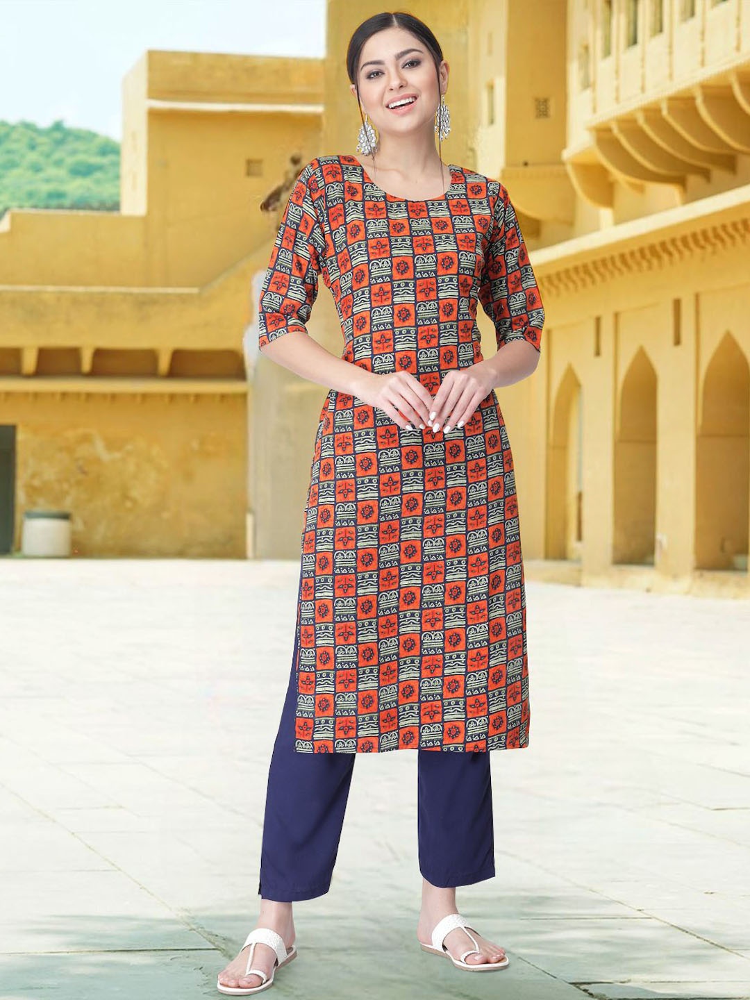 

7Threads Geometric Printed Round Neck Straight Kurta With Trousers, Blue