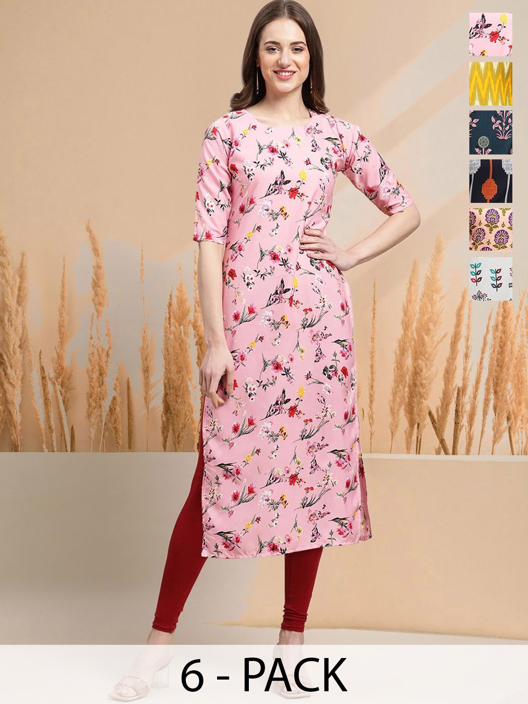 

7Threads Selection Of 6 Floral Printed Round Neck Straight Kurtas, Pink