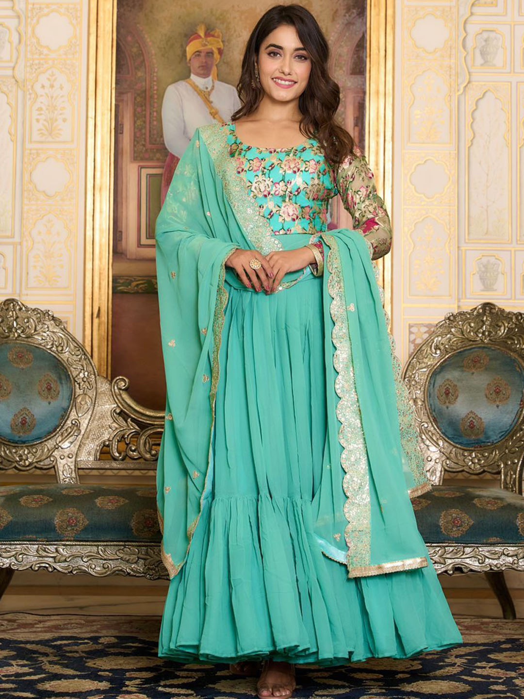 

KALINI Embroidery Rangoli Gown With Dupatta, Turquoise blue
