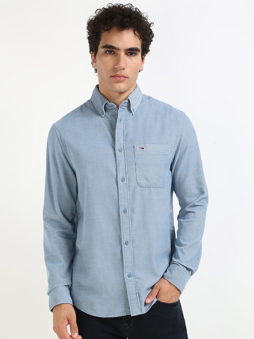 

Tommy Hilfiger Men Button-Down Collar Solid Cotton Casual Shirt, Blue