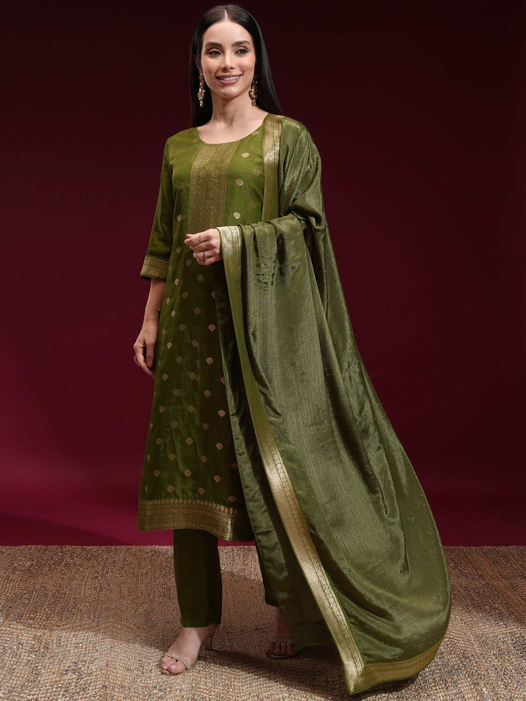 

Vishudh Ethnic Motifs Woven Design Straight Kurta With Trousers And Dupatta, Green