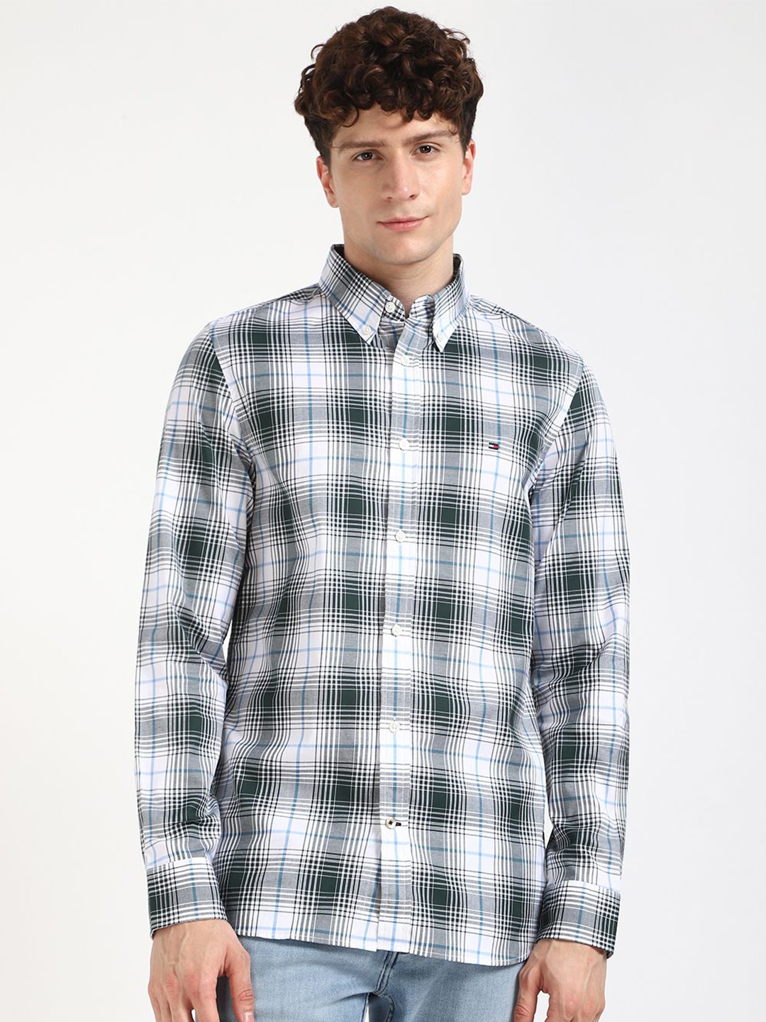 

Tommy Hilfiger Men Slim Fit Button-Down Collar Tartan Checked Cotton Casual Shirt, Brown