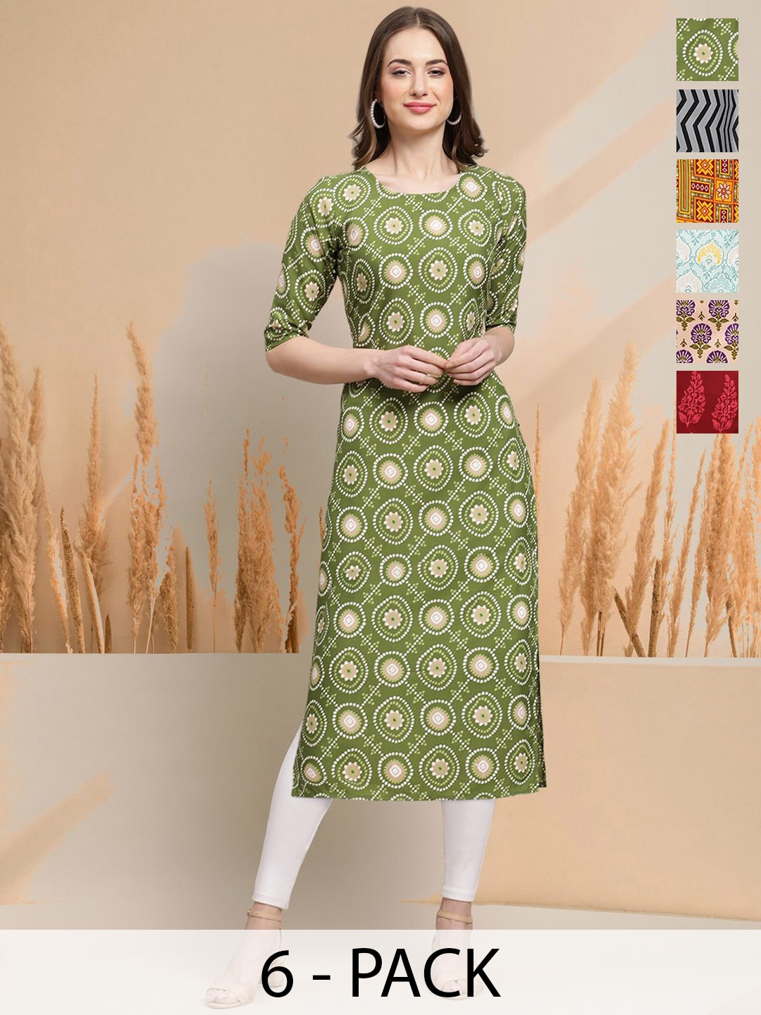 

7Threads Selection Of 6 Geometric Printed Round Neck Straight Kurtas, Green