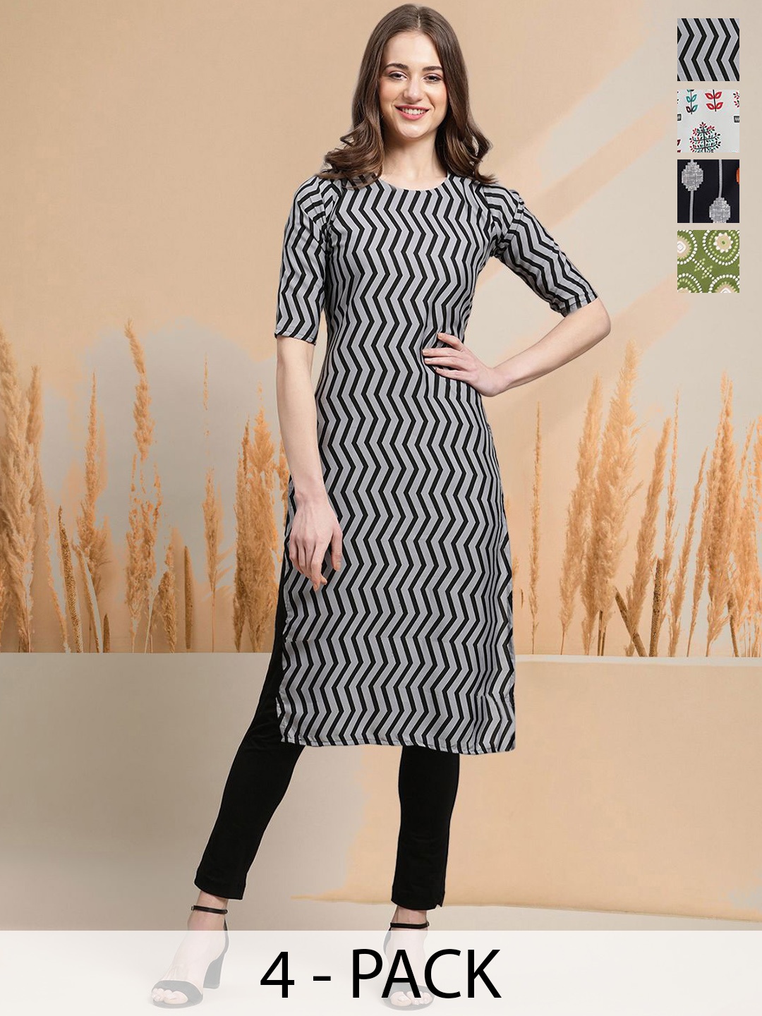 

7Threads Selection of 4 Chevron Printed Round Neck Straight Kurtas, Black