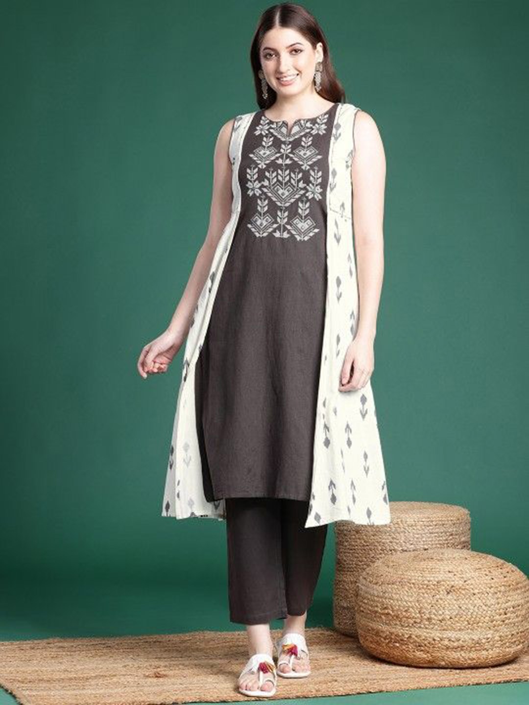 

Suha Ethnic Motifs Printed Notch Neck Mirror Work A-Line Kurta With Trouser, Grey