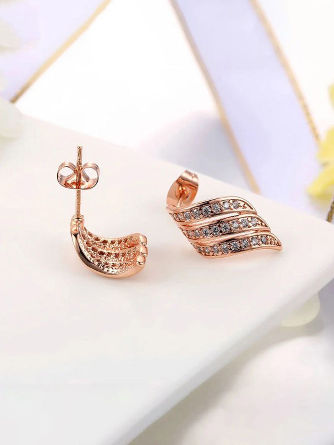 

styledose Stainless Steel Rose Gold-Plated Artificial Stones Studded Classic Shaped Studs