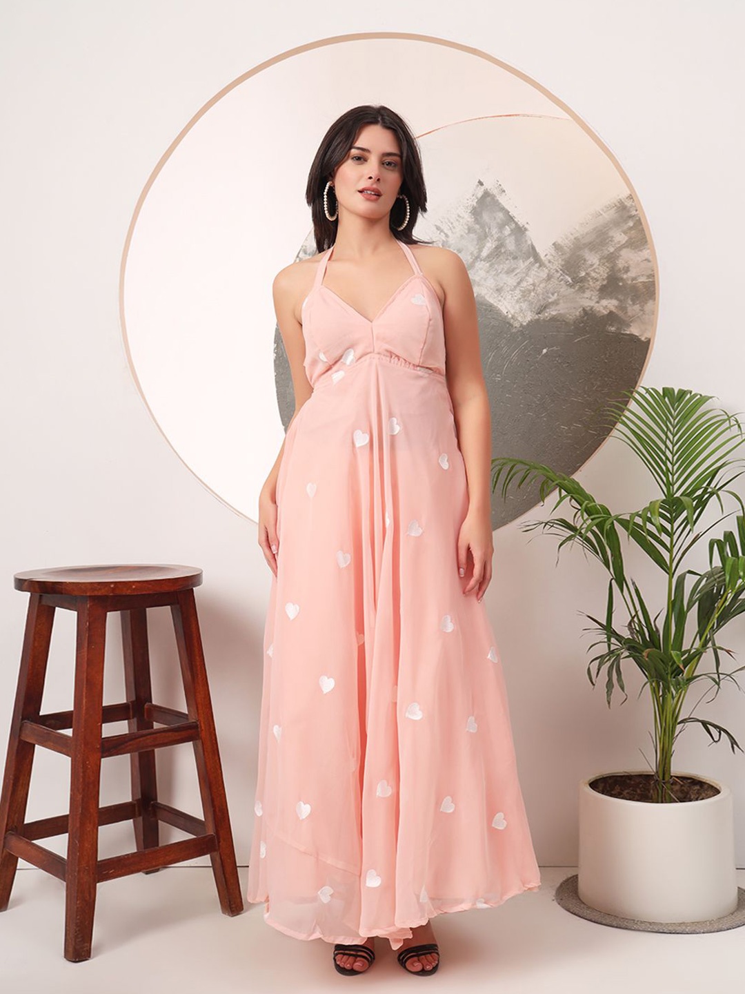 

Mitera Women Floral Embroidered Halter Neck Padded Maxi Dress, Peach