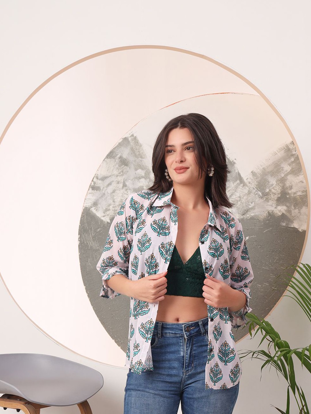 

PRENEA Women Standard Floral Printed Cotton Casual Shirt With Chikan Bra, Off white
